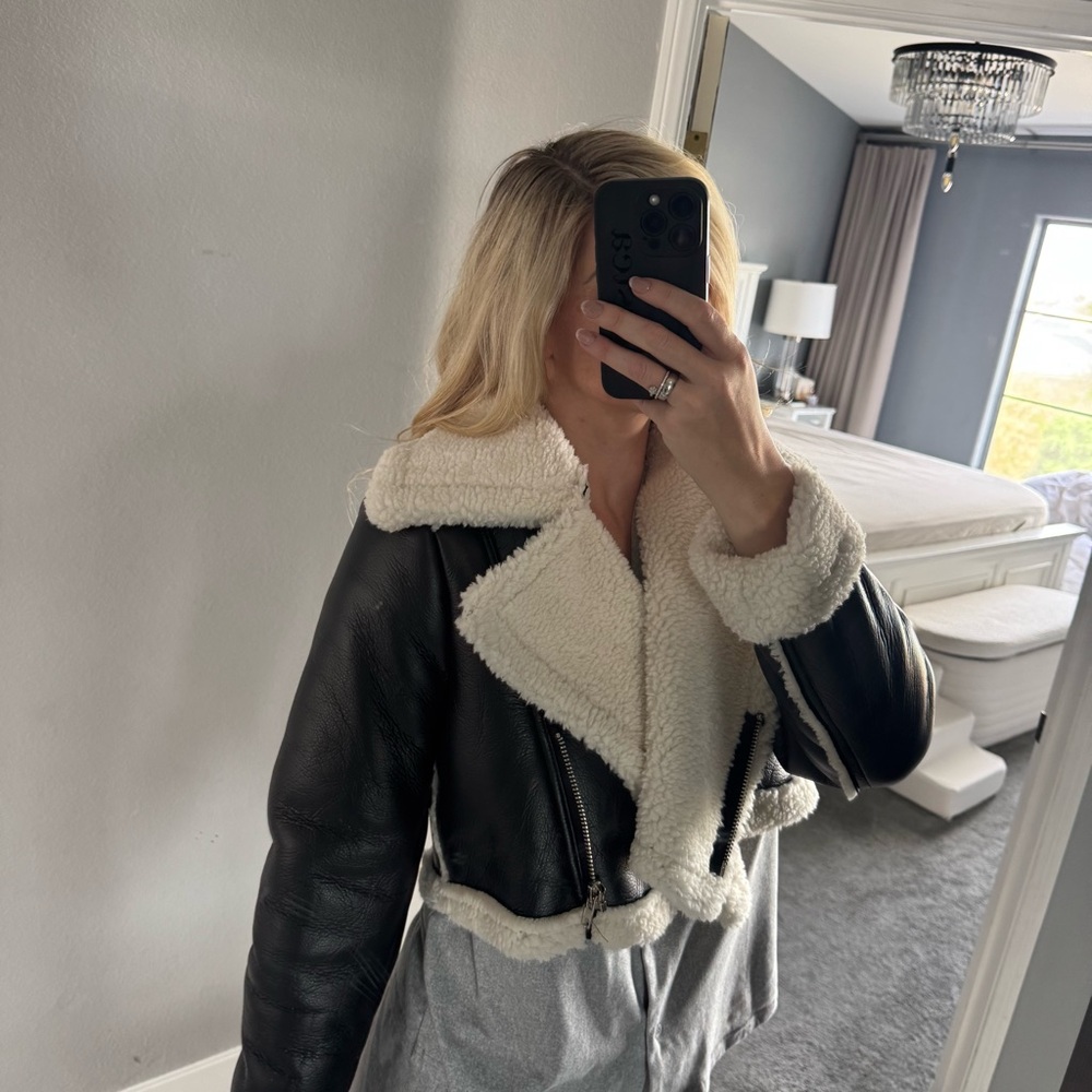 Faux Leather Sherpa Teddy Jacket - Black & Cream